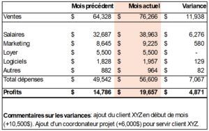 Image d'un état des résultats comptable comparant les profits d'une entreprise fictive du mois courant avec les profits du mois passé.